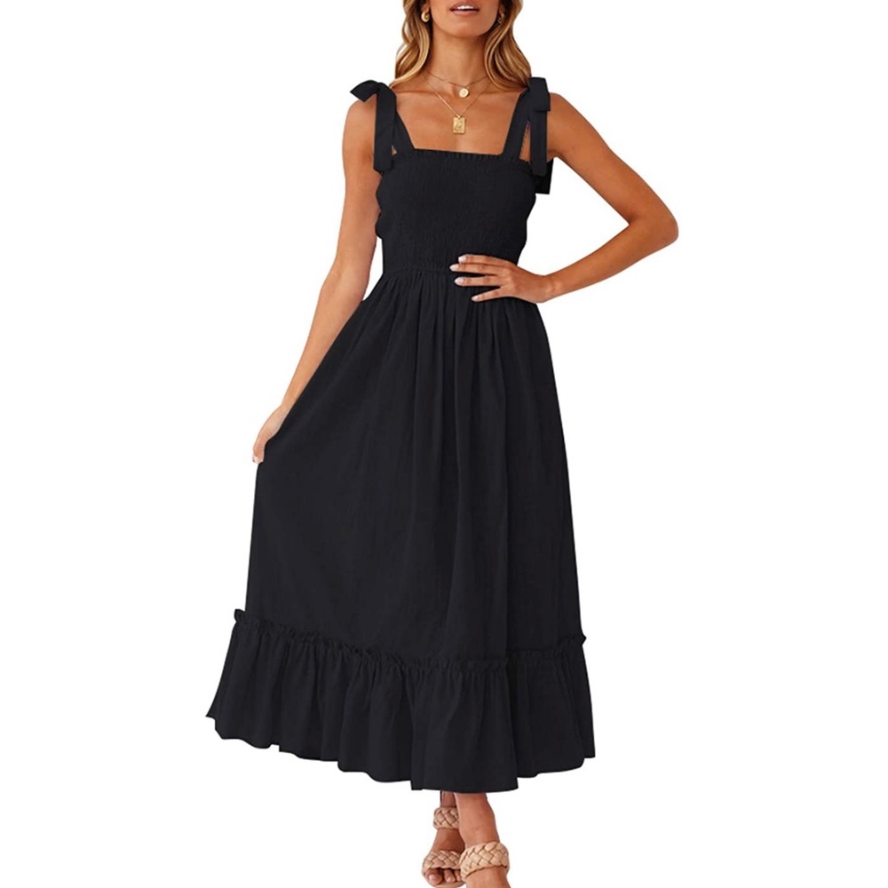 Boho Smocked Bodice Tiered Maxi Dress with Shoulder Ties in Black